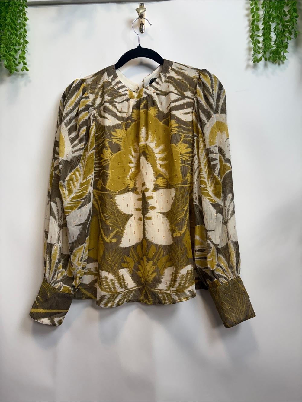 Rachel Zoe Olive, Cream & Brown Botanical Print Blouse